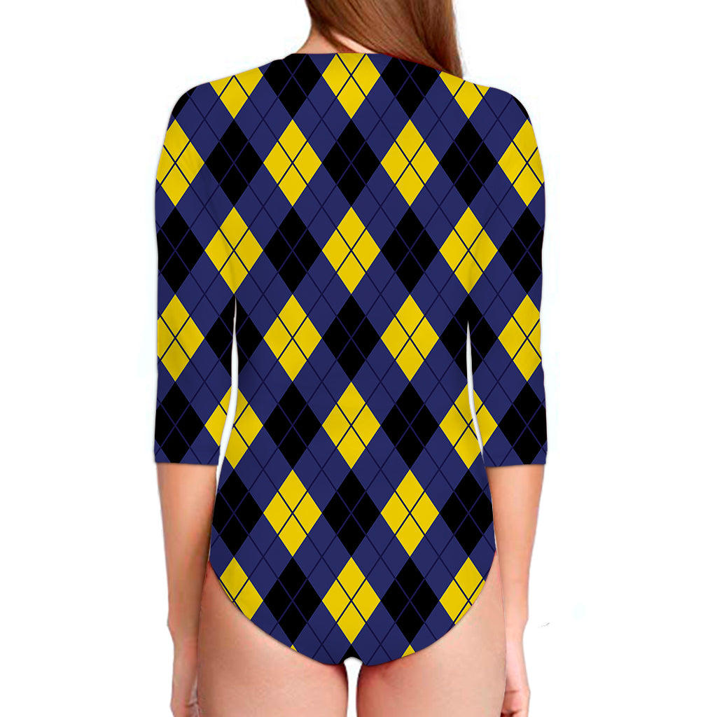 Blue Black And Yellow Argyle Print Long Sleeve Swimsuit