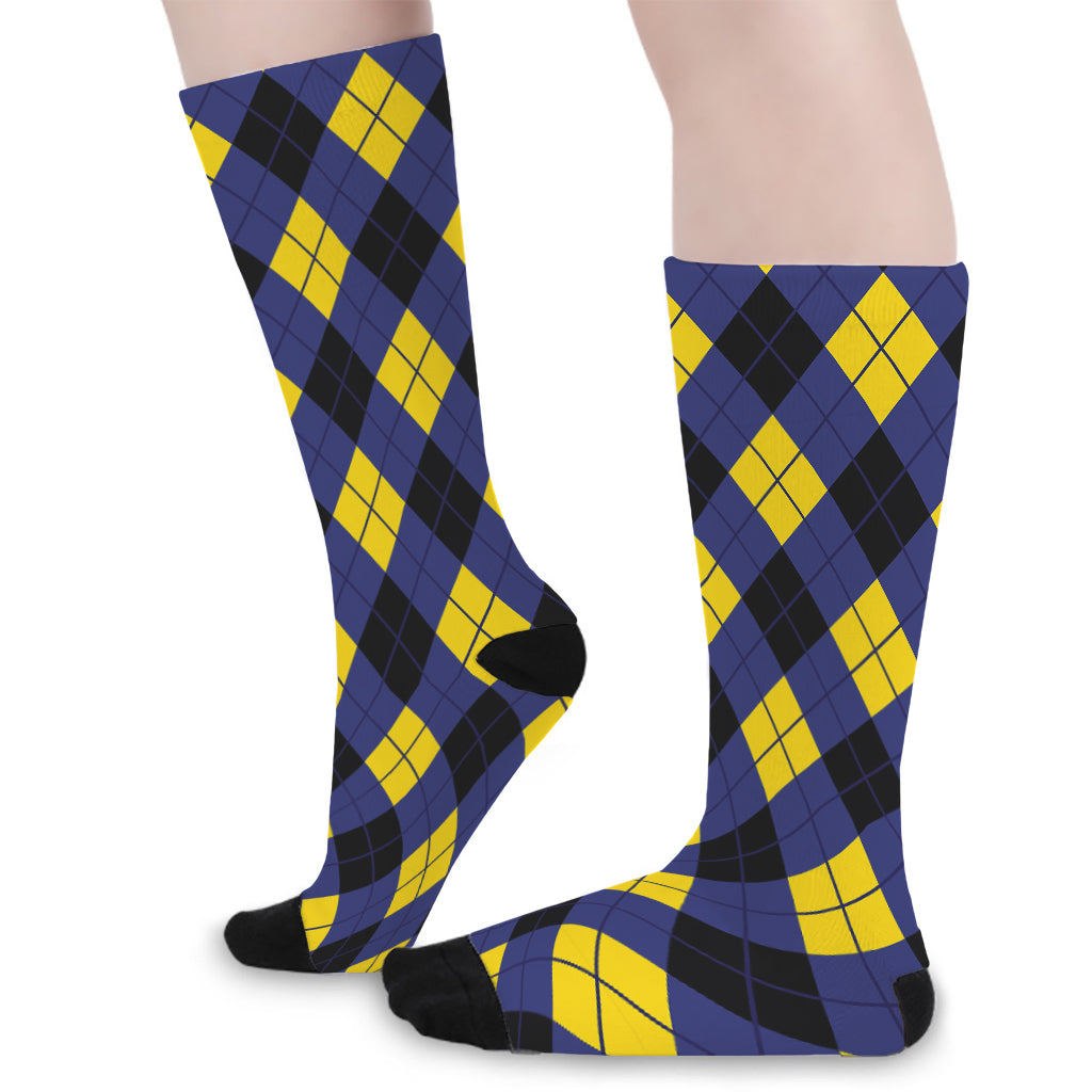 Blue Black And Yellow Argyle Print Long Socks