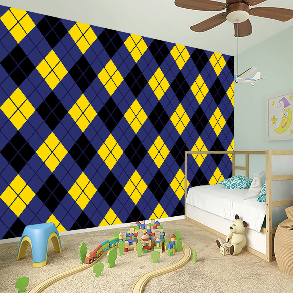 Blue Black And Yellow Argyle Print Wall Sticker