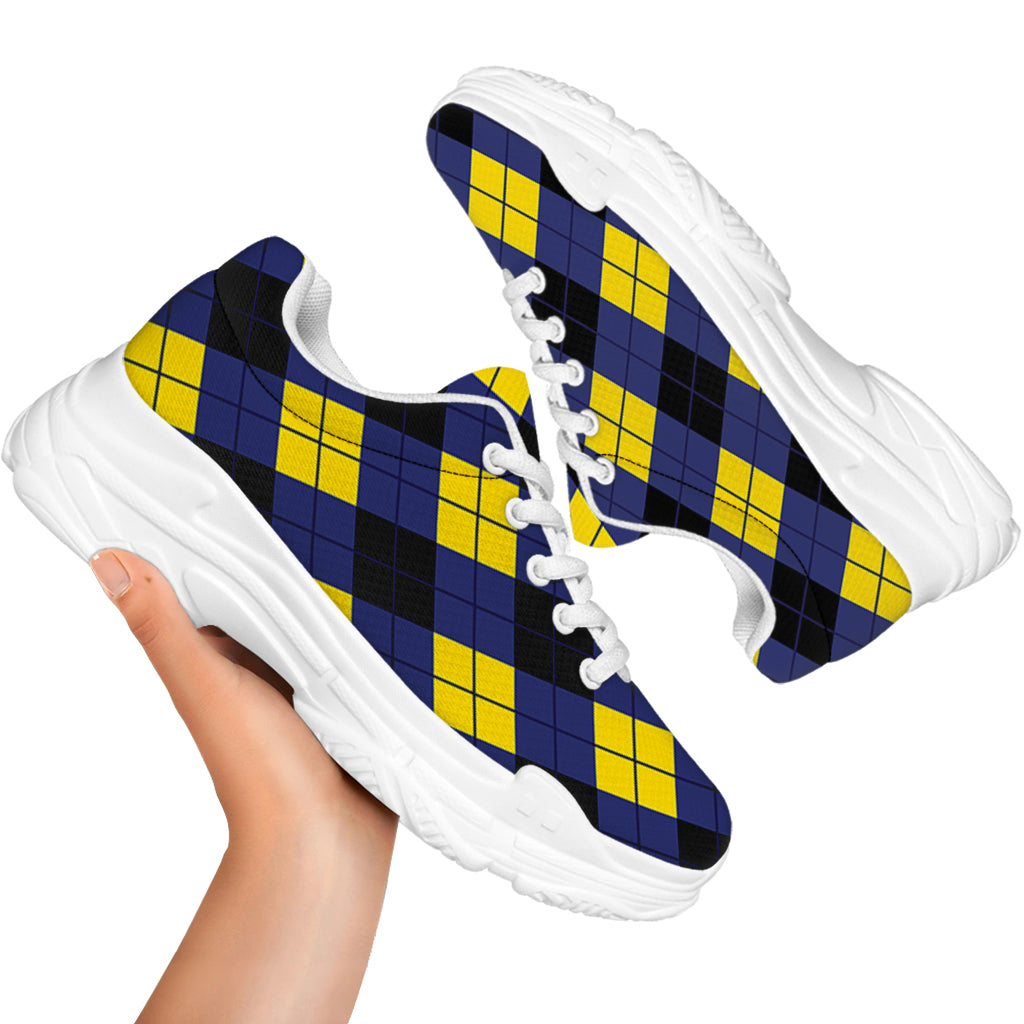 Blue Black And Yellow Argyle Print White Chunky Shoes
