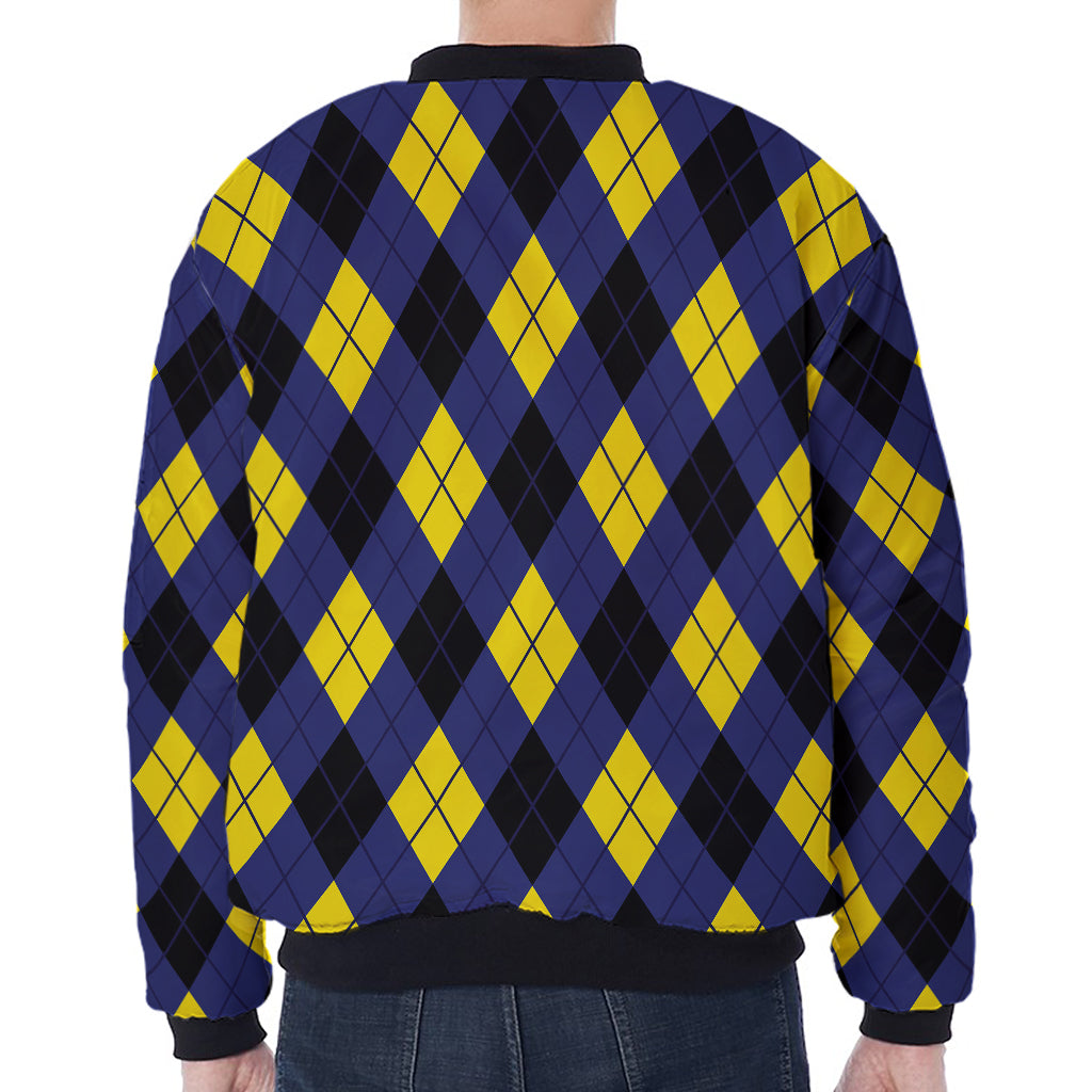 Blue Black And Yellow Argyle Print Zip Sleeve Bomber Jacket