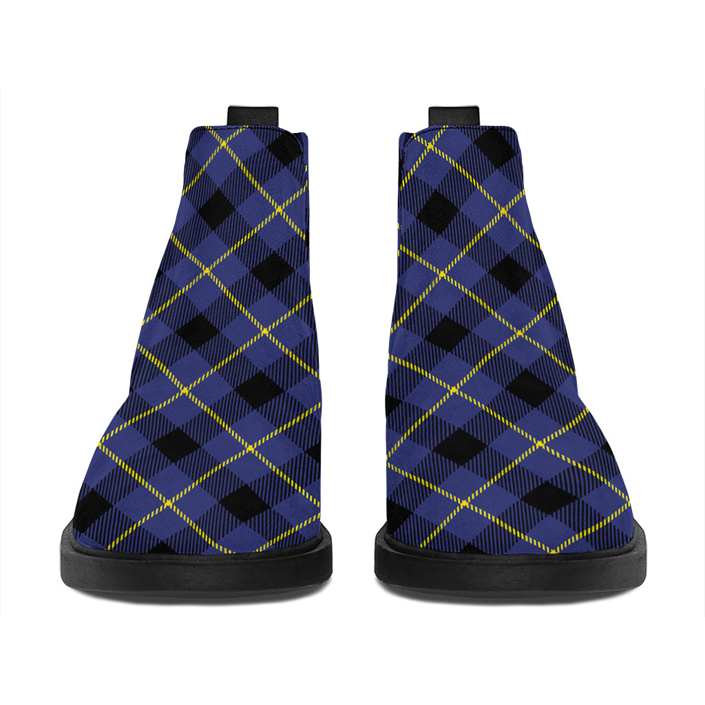Blue Black And Yellow Plaid Print Flat Ankle Boots