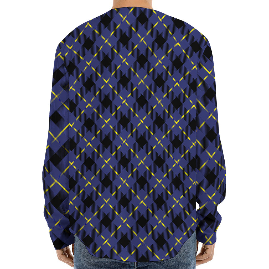Blue Black And Yellow Plaid Print Long Sleeve Baseball Jersey