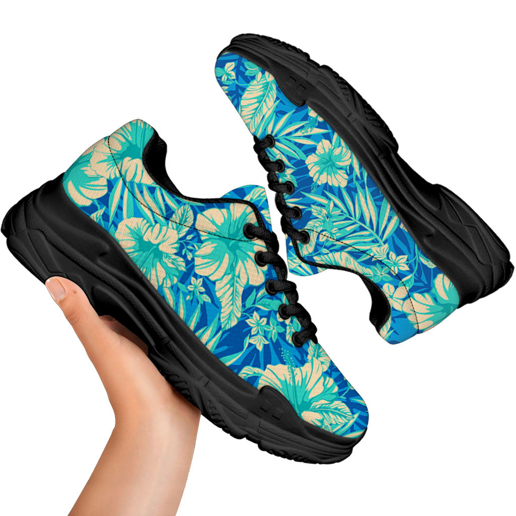 Blue Blossom Tropical Pattern Print Black Chunky Shoes