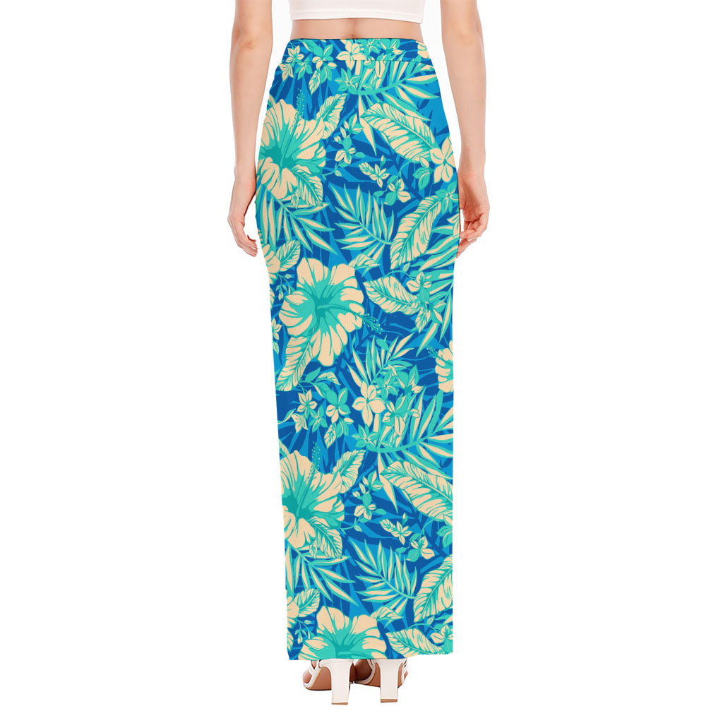 Blue Blossom Tropical Pattern Print High Slit Maxi Skirt