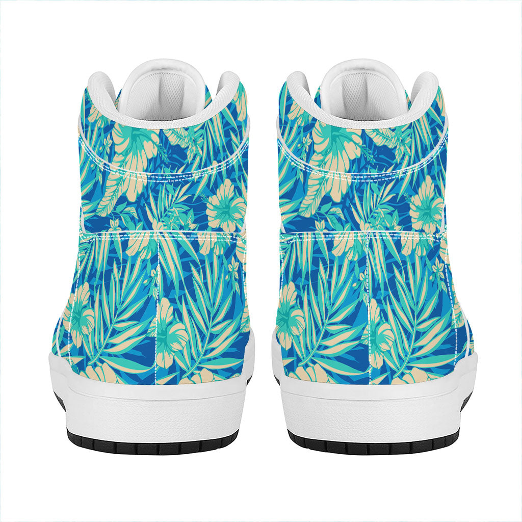 Blue Blossom Tropical Pattern Print High Top Leather Sneakers