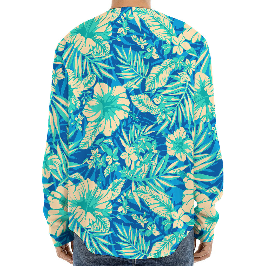 Blue Blossom Tropical Pattern Print Long Sleeve Baseball Jersey