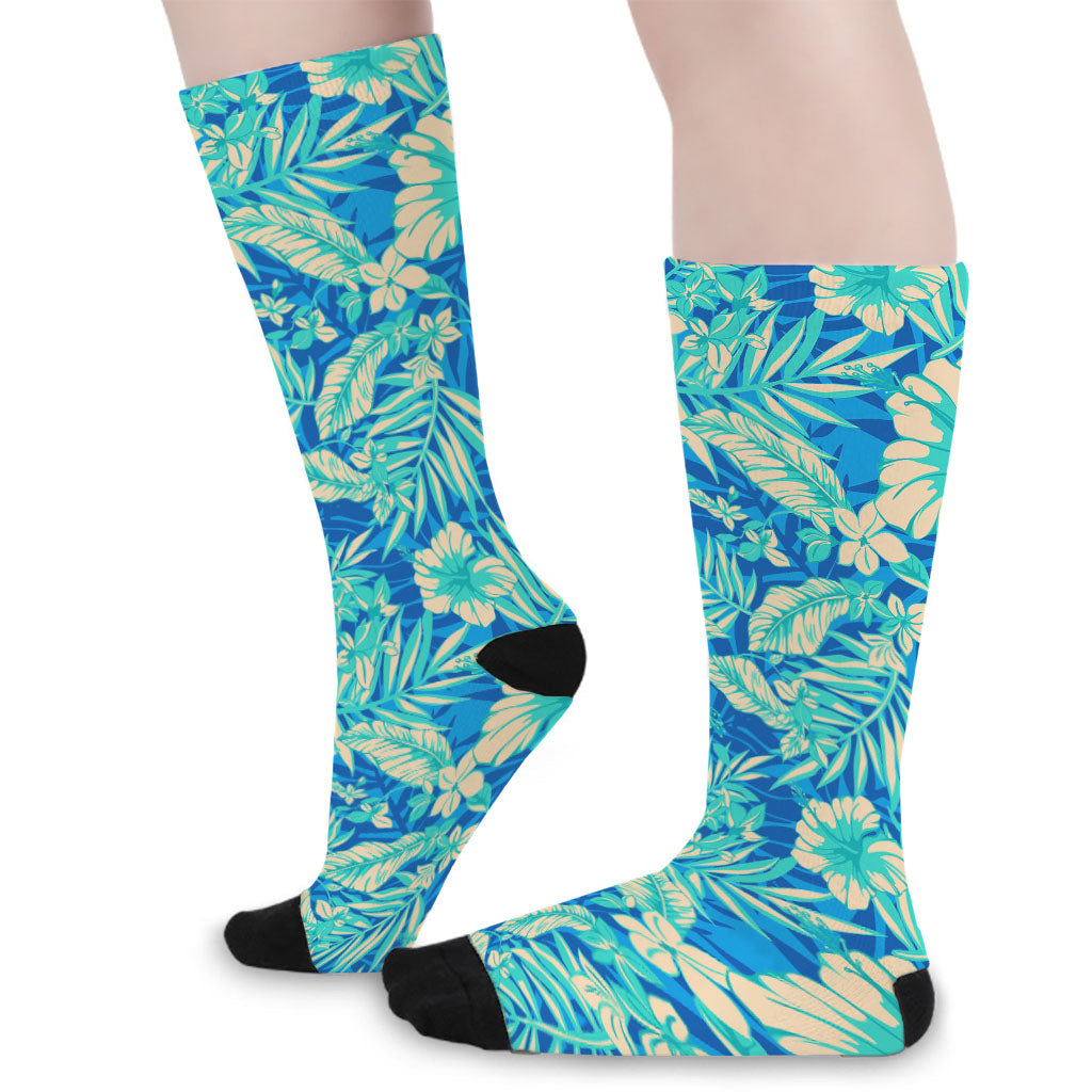 Blue Blossom Tropical Pattern Print Long Socks