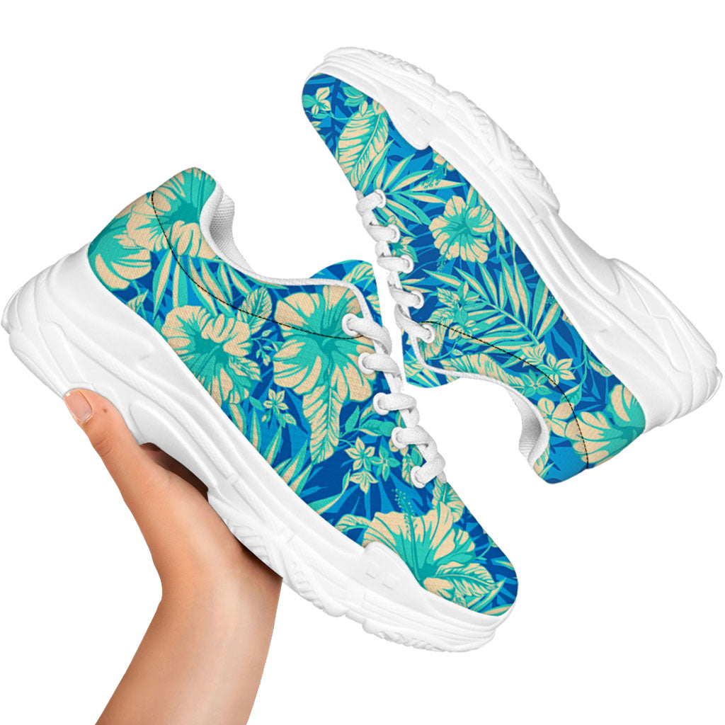 Blue Blossom Tropical Pattern Print White Chunky Shoes