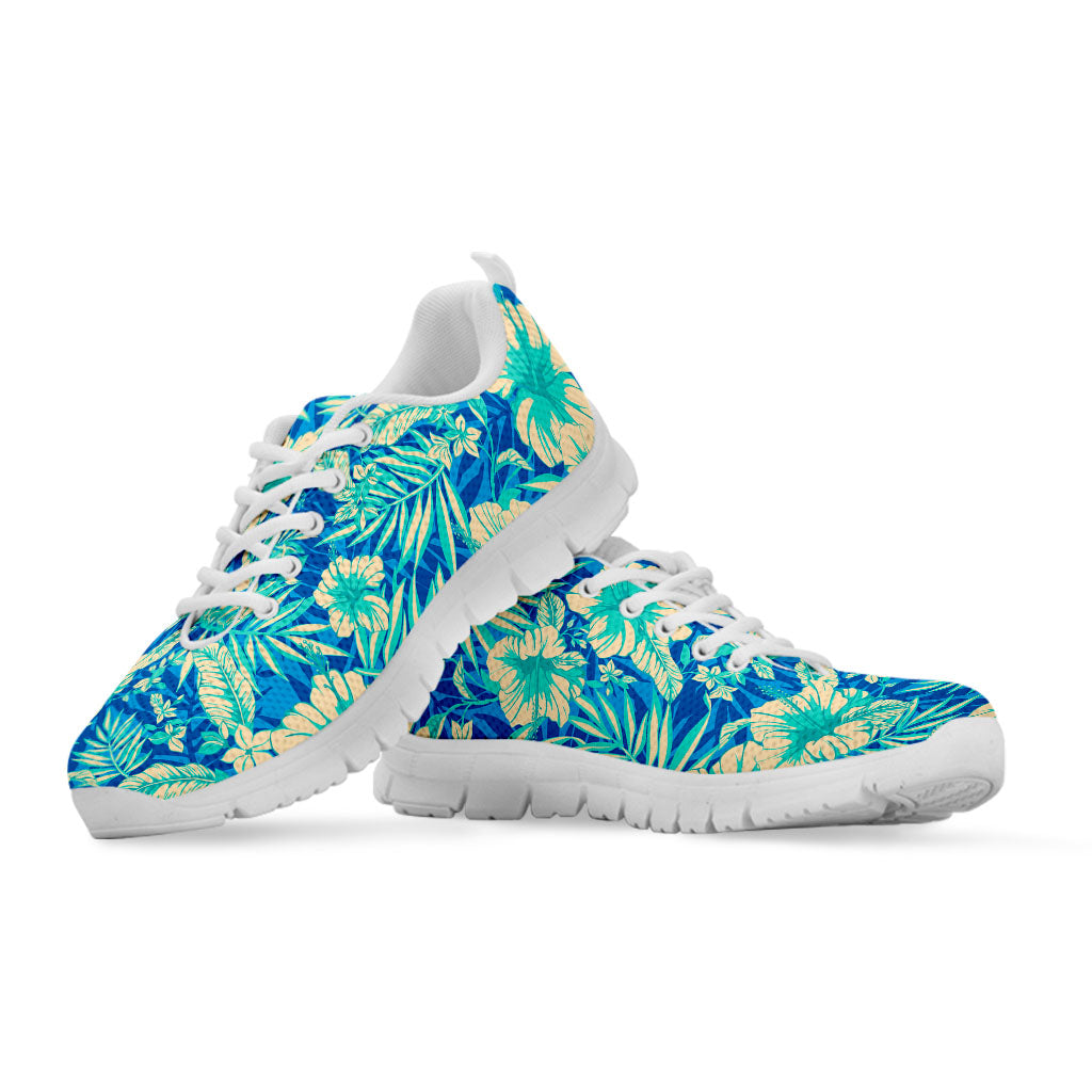 Blue Blossom Tropical Pattern Print White Running Shoes
