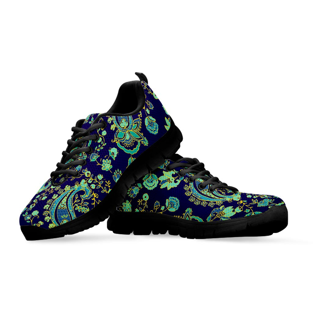 Blue Bohemian Paisley Pattern Print Black Running Shoes