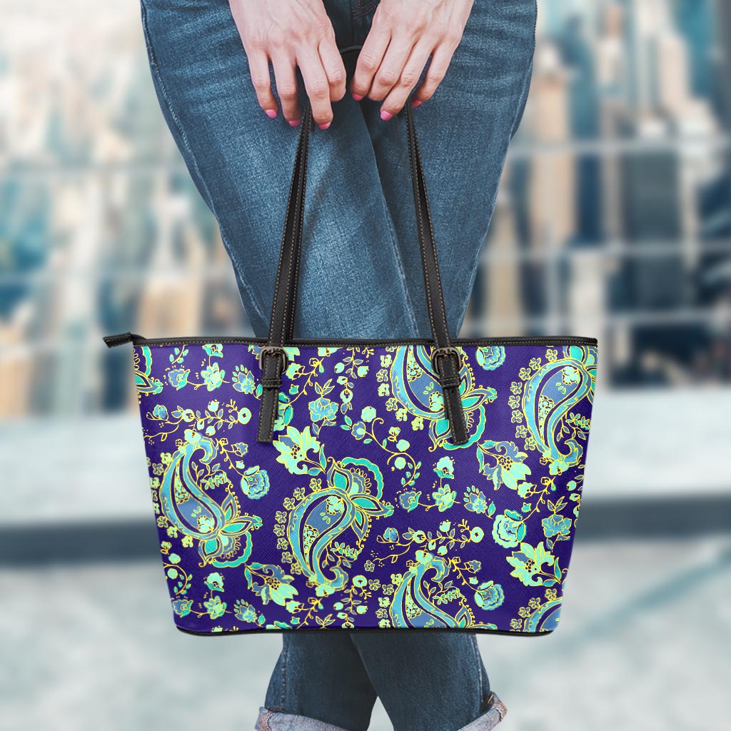 Blue Bohemian Paisley Pattern Print Leather Tote Bag