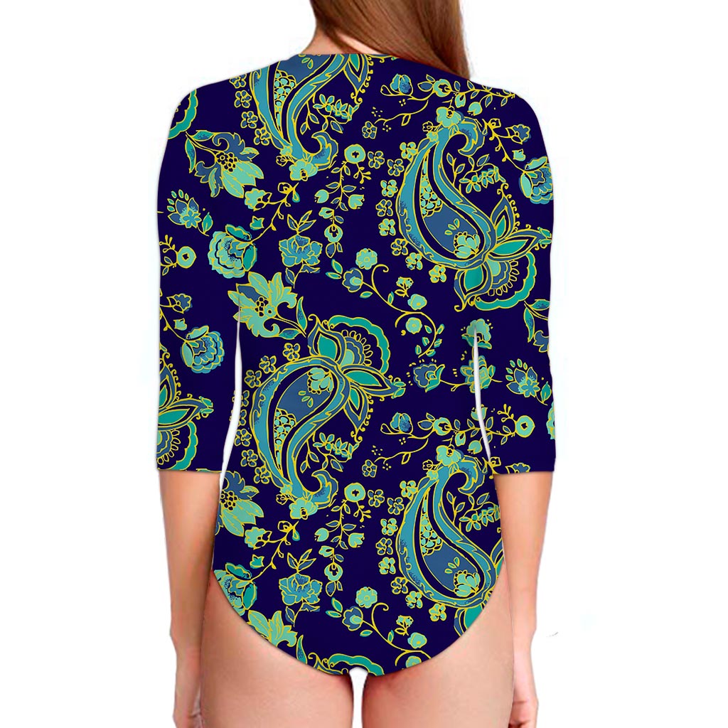 Blue Bohemian Paisley Pattern Print Long Sleeve Swimsuit