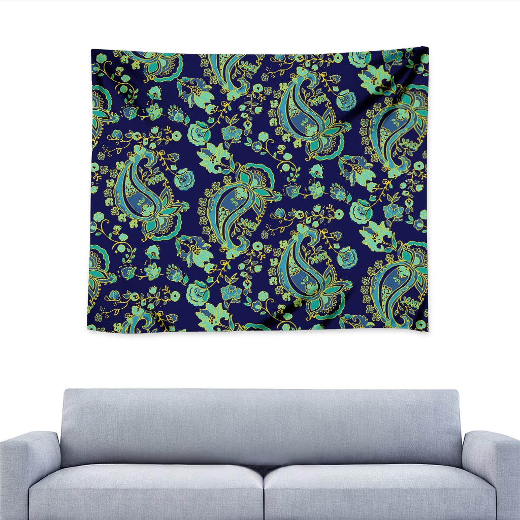Blue Bohemian Paisley Pattern Print Tapestry