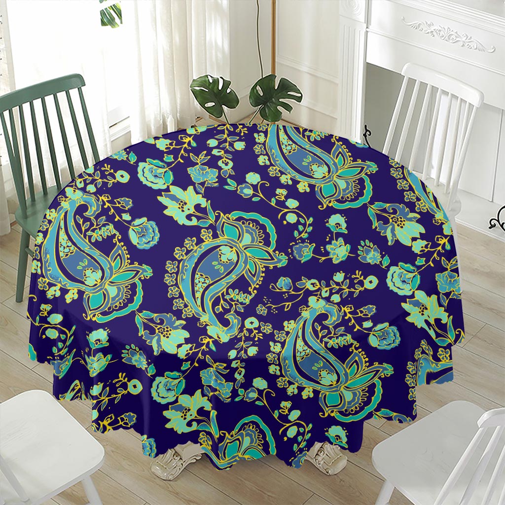 Blue Bohemian Paisley Pattern Print Waterproof Round Tablecloth