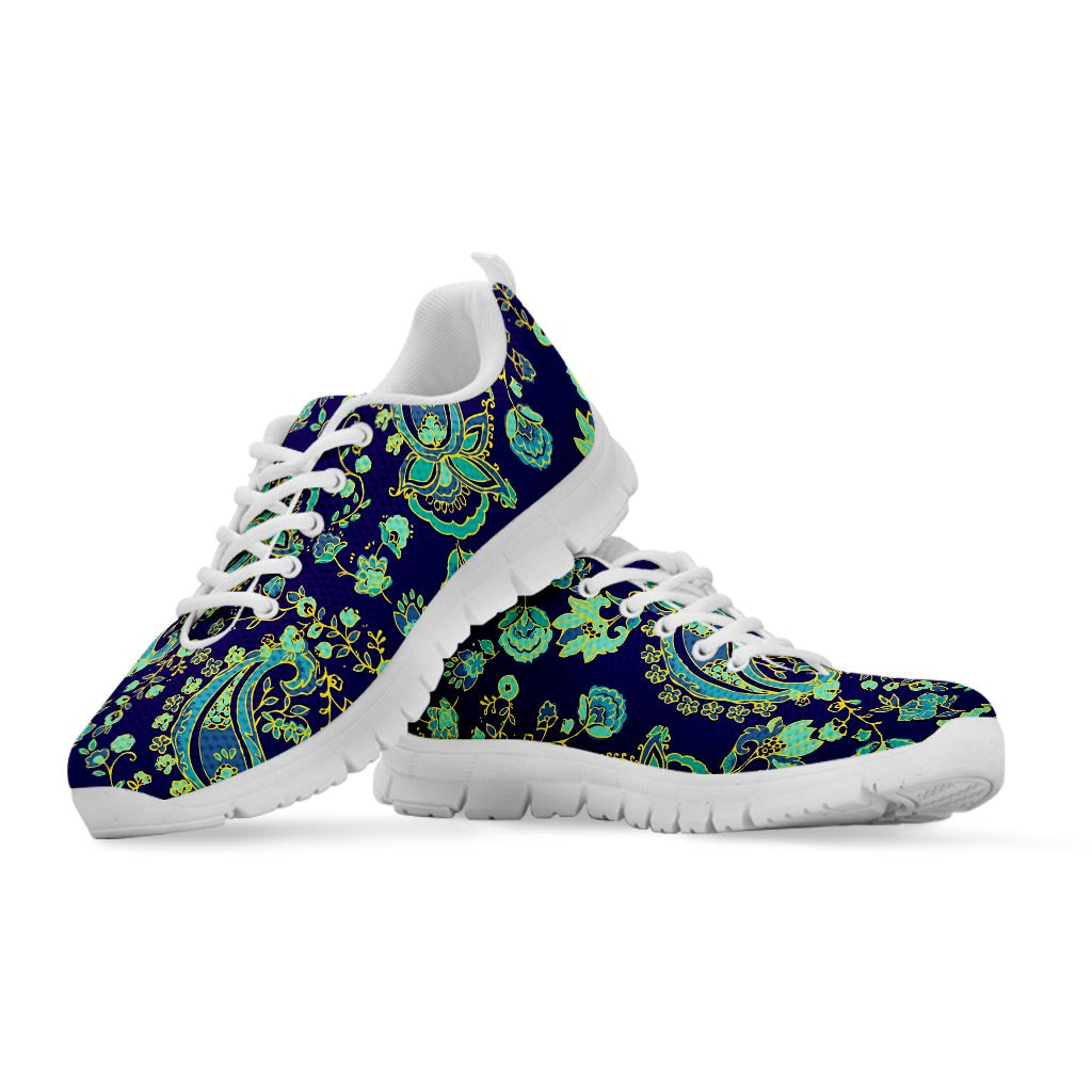Blue Bohemian Paisley Pattern Print White Running Shoes