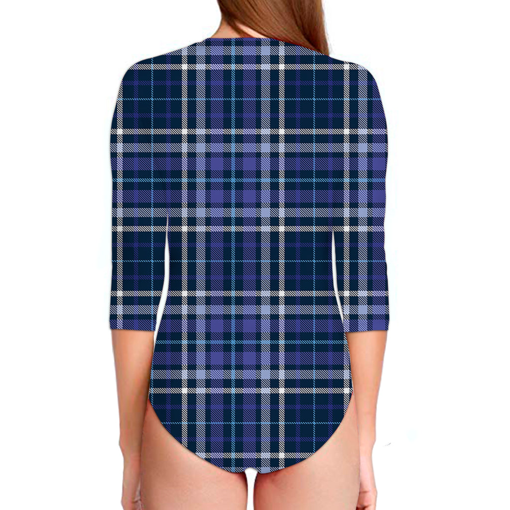 Blue Border Tartan Pattern Print Long Sleeve Swimsuit