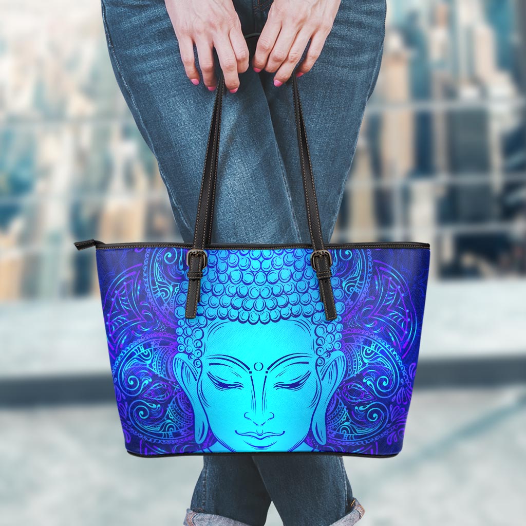 Blue Buddha Print Leather Tote Bag