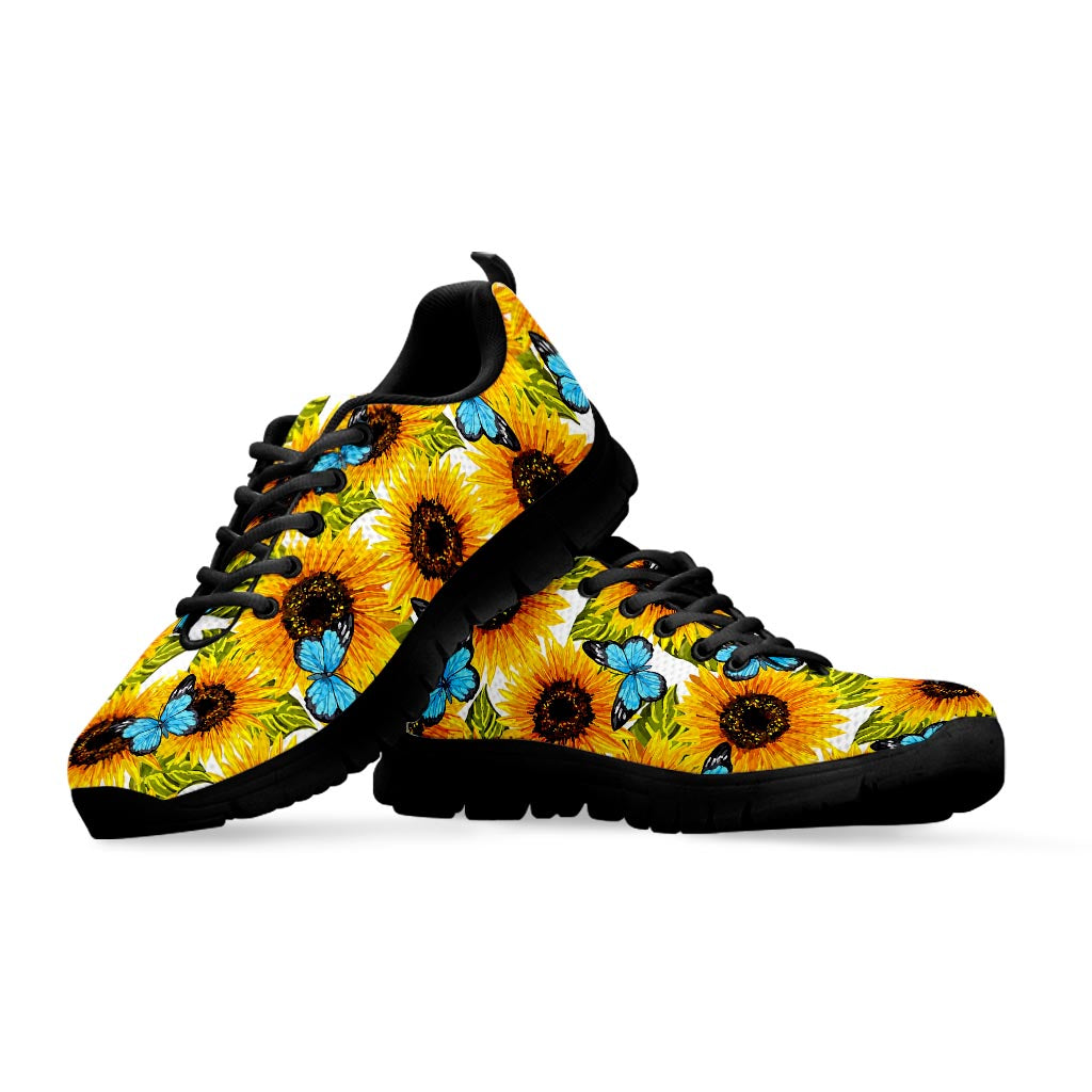 Blue Butterfly Sunflower Pattern Print Black Running Shoes