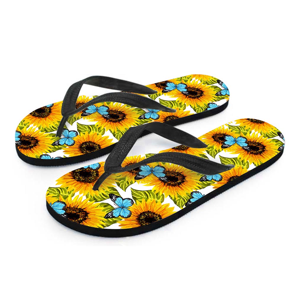 Blue Butterfly Sunflower Pattern Print Flip Flops