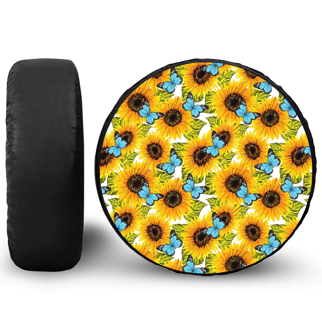 Blue Butterfly Sunflower Pattern Print Leather Spare Tire Cover