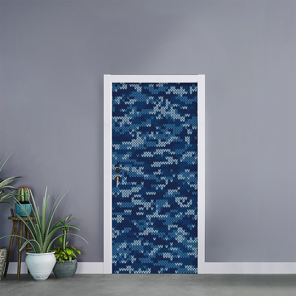 Blue Camouflage Knitted Pattern Print Door Sticker