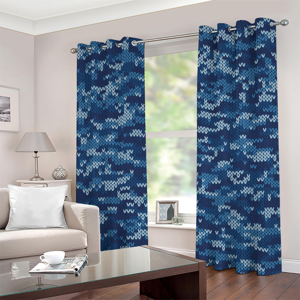 Blue Camouflage Knitted Pattern Print Grommet Curtains