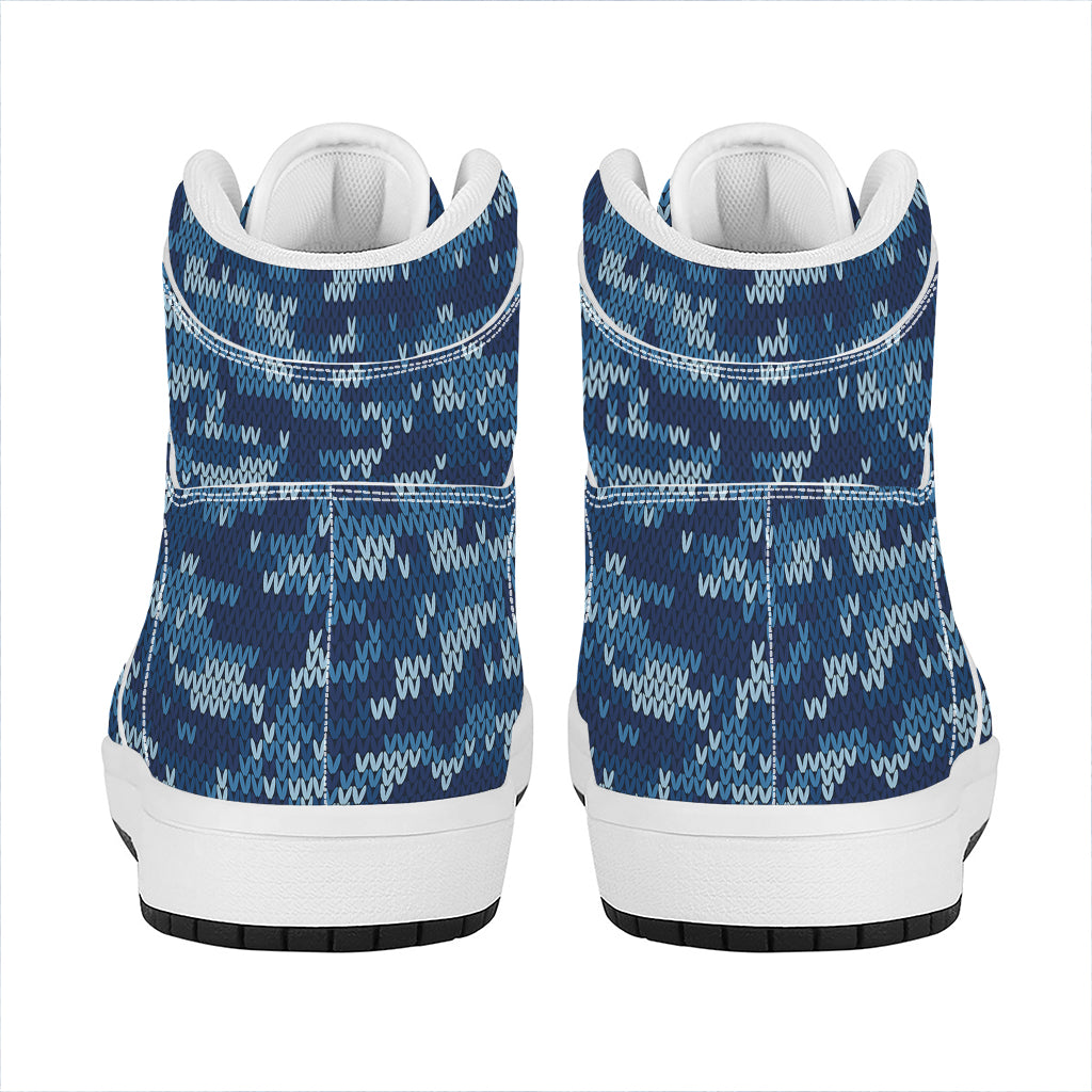 Blue Camouflage Knitted Pattern Print High Top Leather Sneakers
