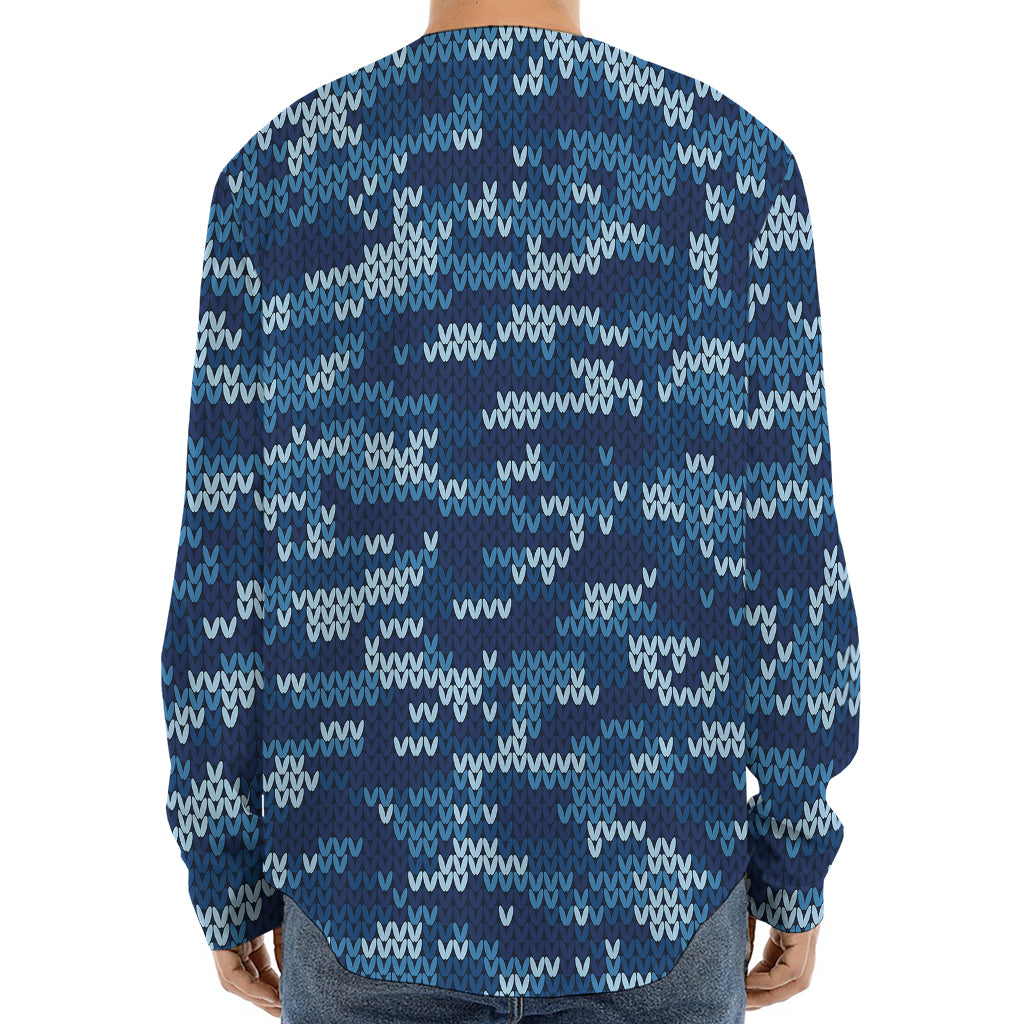 Blue Camouflage Knitted Pattern Print Long Sleeve Baseball Jersey