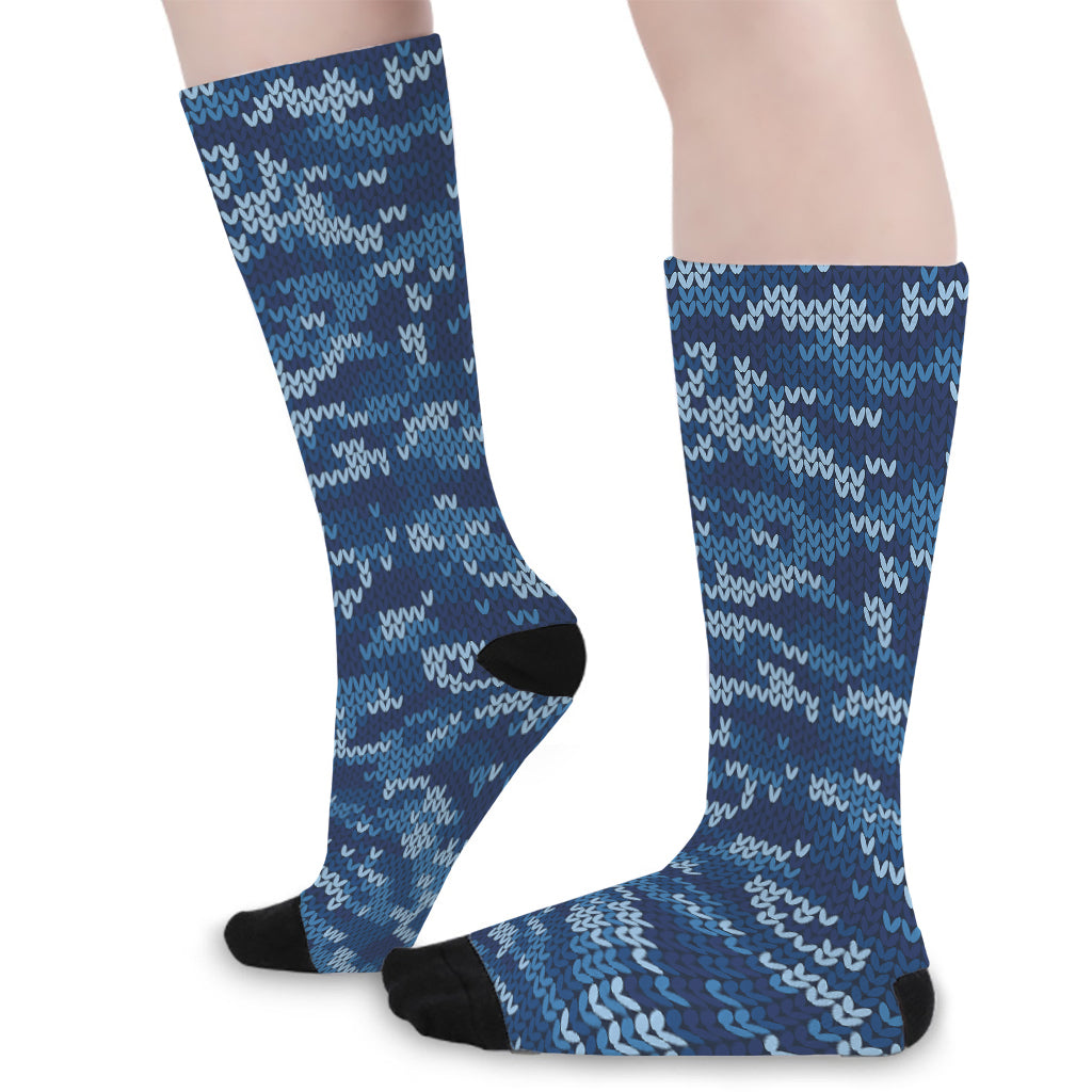 Blue Camouflage Knitted Pattern Print Long Socks