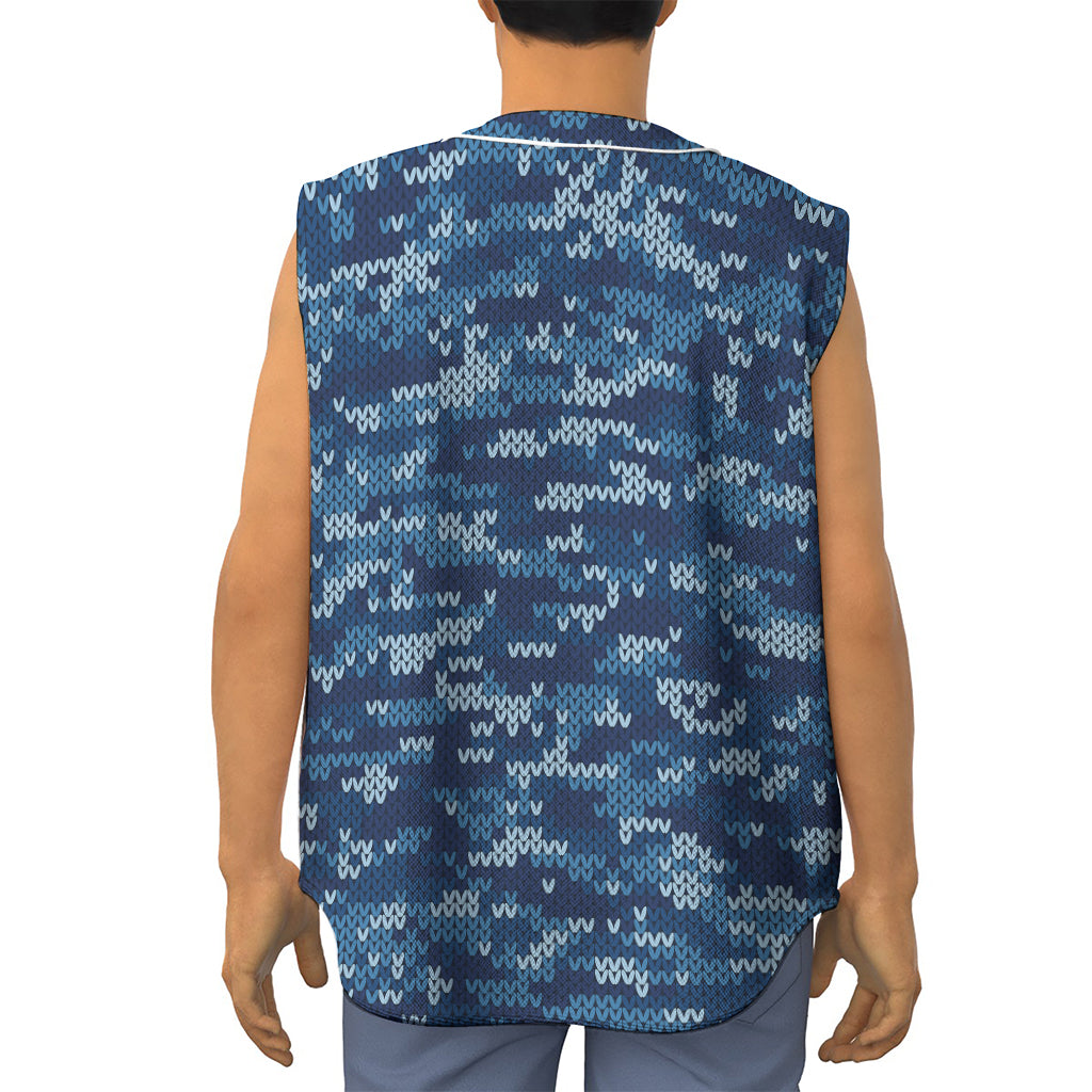 Blue Camouflage Knitted Pattern Print Sleeveless Baseball Jersey