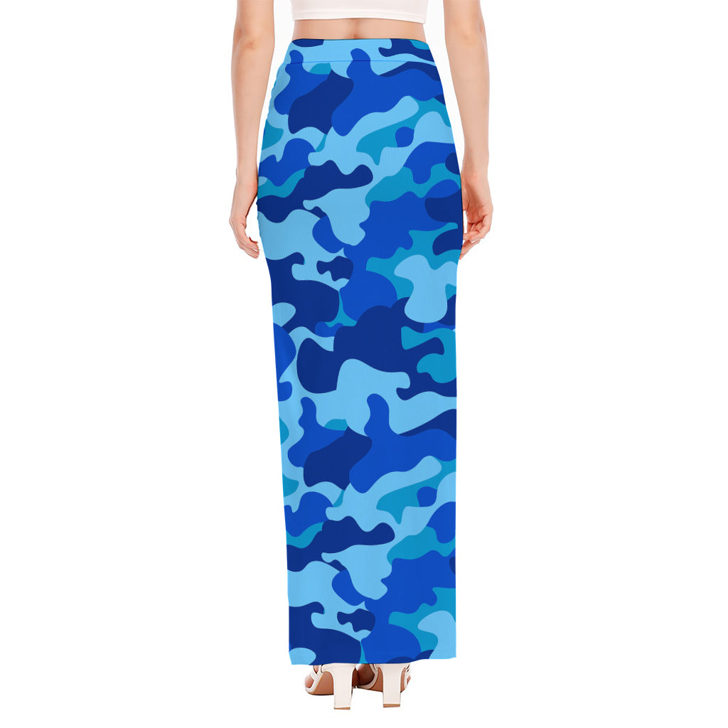 Blue Camouflage Print High Slit Maxi Skirt