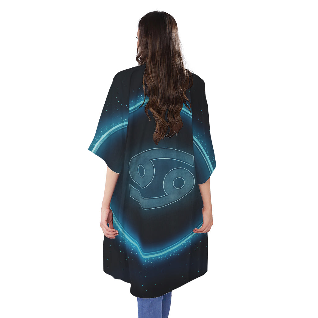 Blue Cancer Zodiac Sign Print Open Front Beach Cover Up