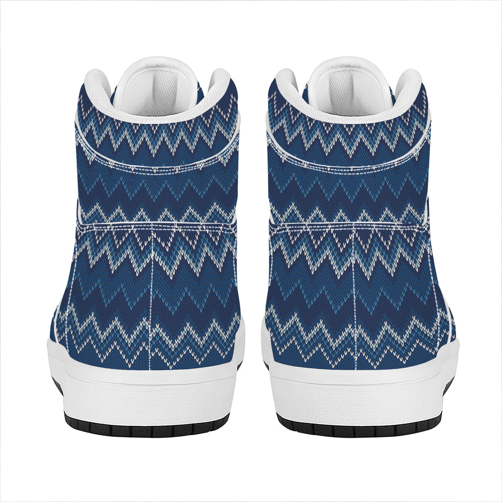 Blue Chevron Knitted Pattern Print High Top Leather Sneakers