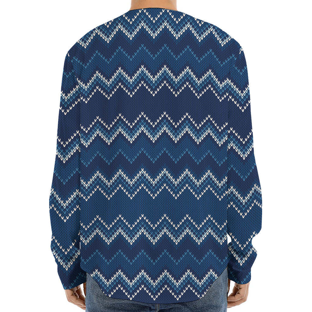Blue Chevron Knitted Pattern Print Long Sleeve Baseball Jersey