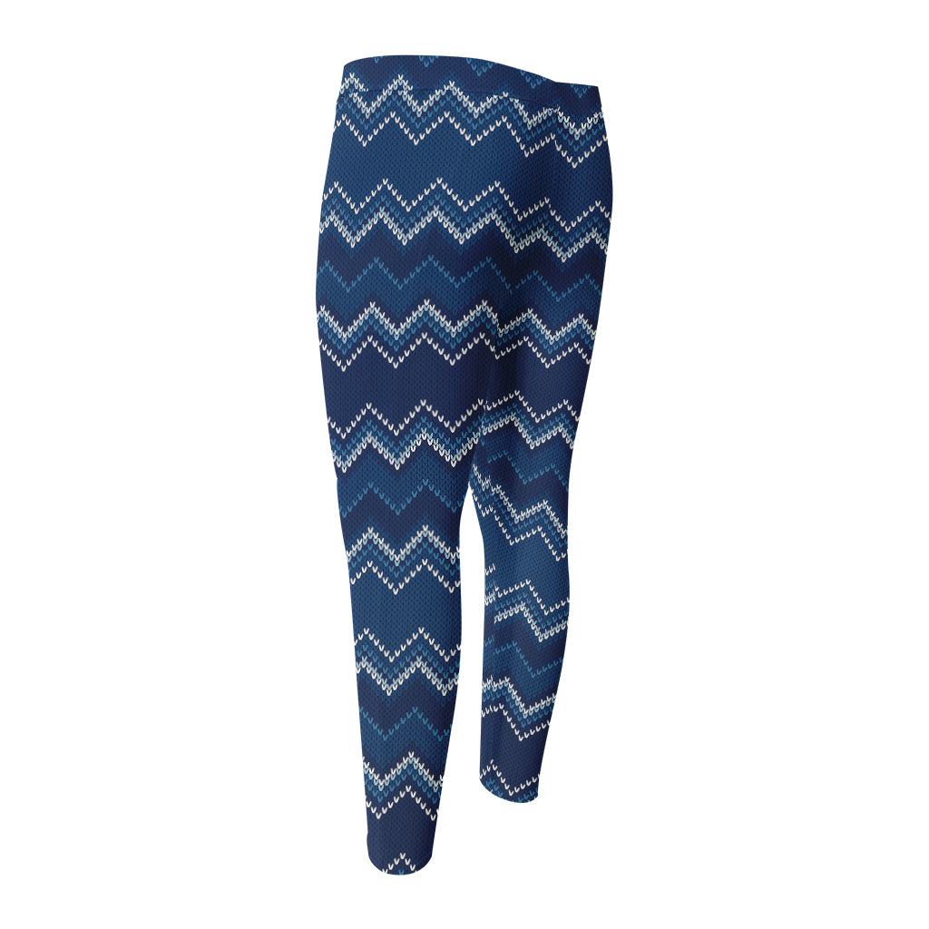 Blue Chevron Knitted Pattern Print Men's Compression Pants
