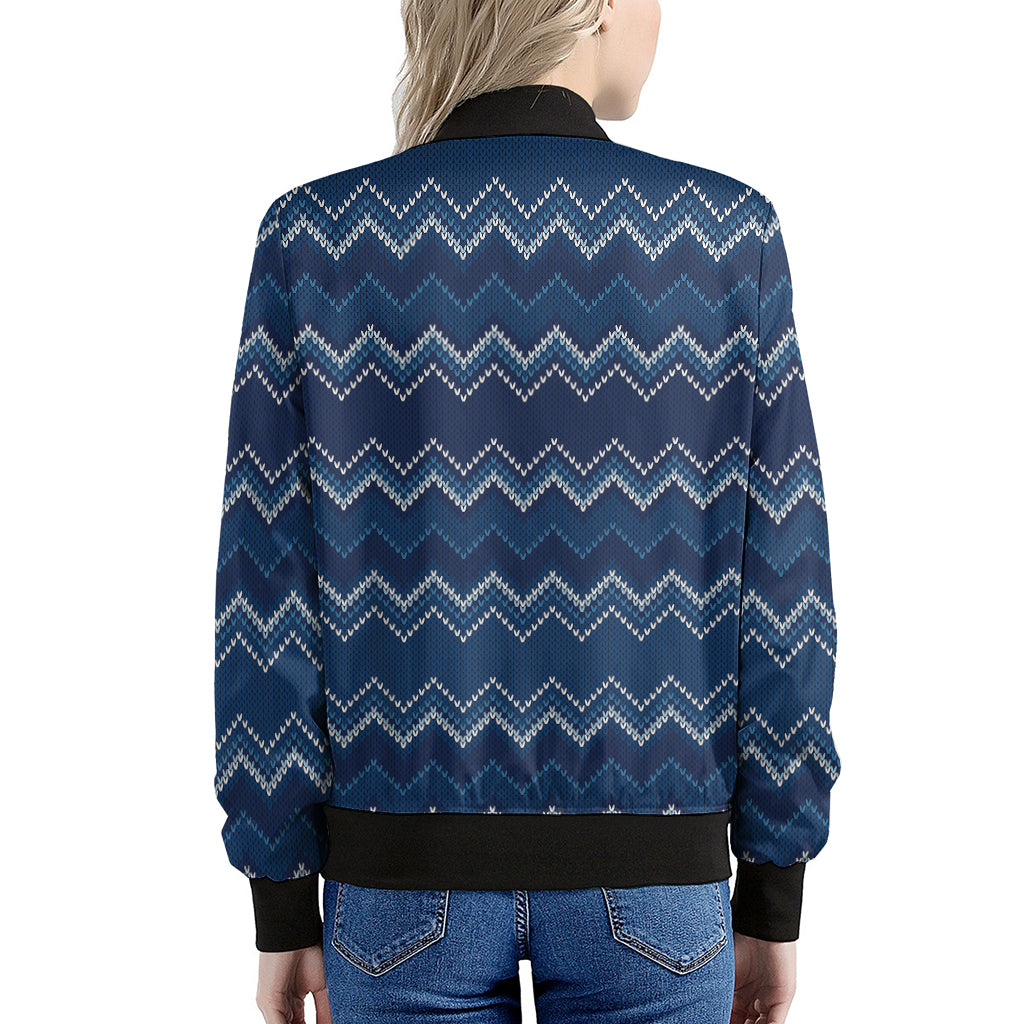 Blue Chevron Knitted Pattern Print Women's Bomber Jacket