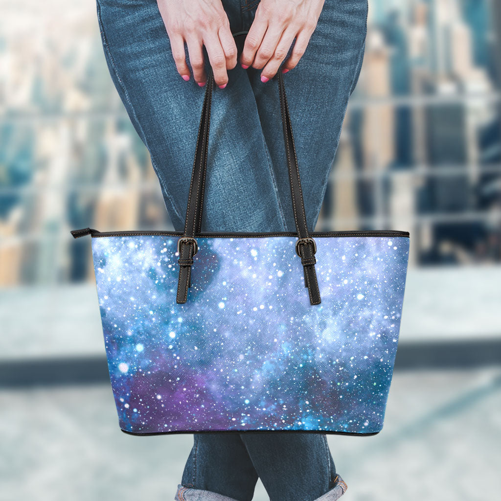 Blue Cloud Starfield Galaxy Space Print Leather Tote Bag