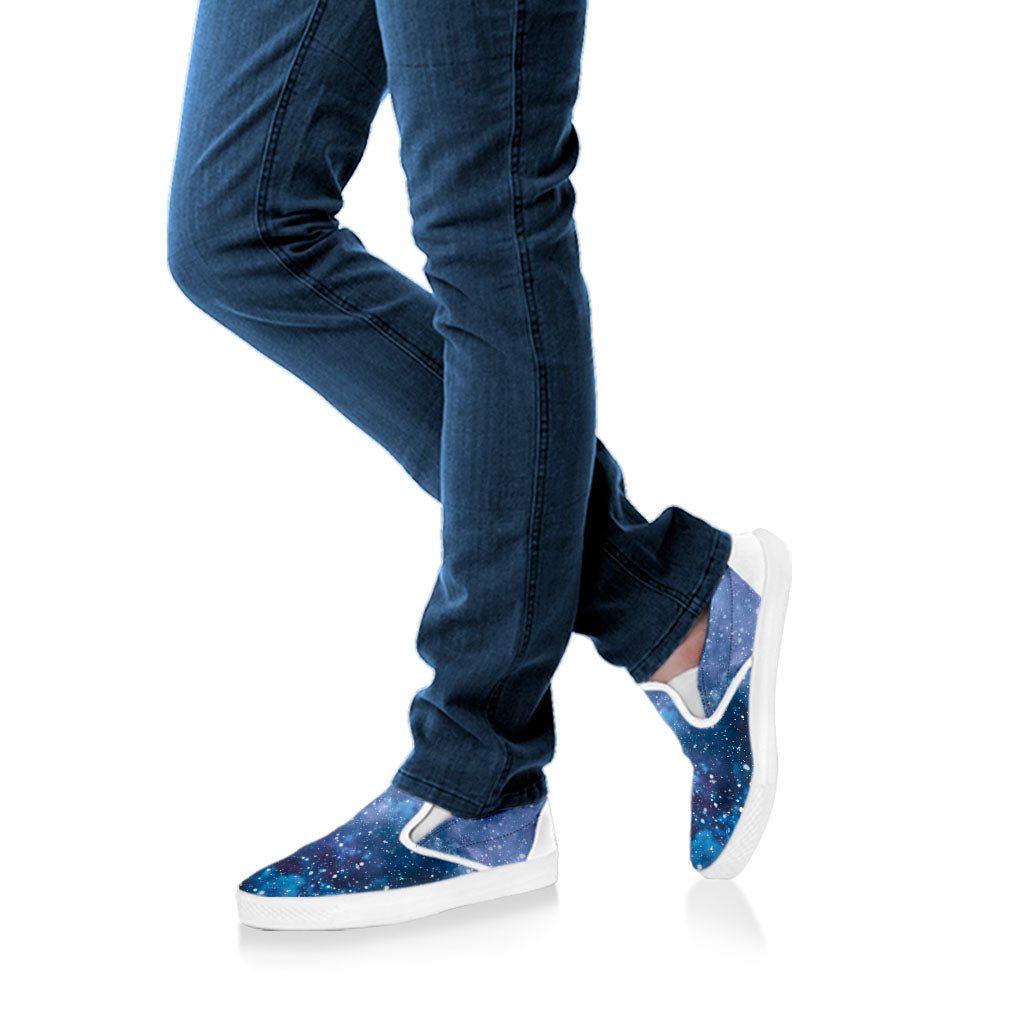 Blue Cloud Starfield Galaxy Space Print White Slip On Sneakers