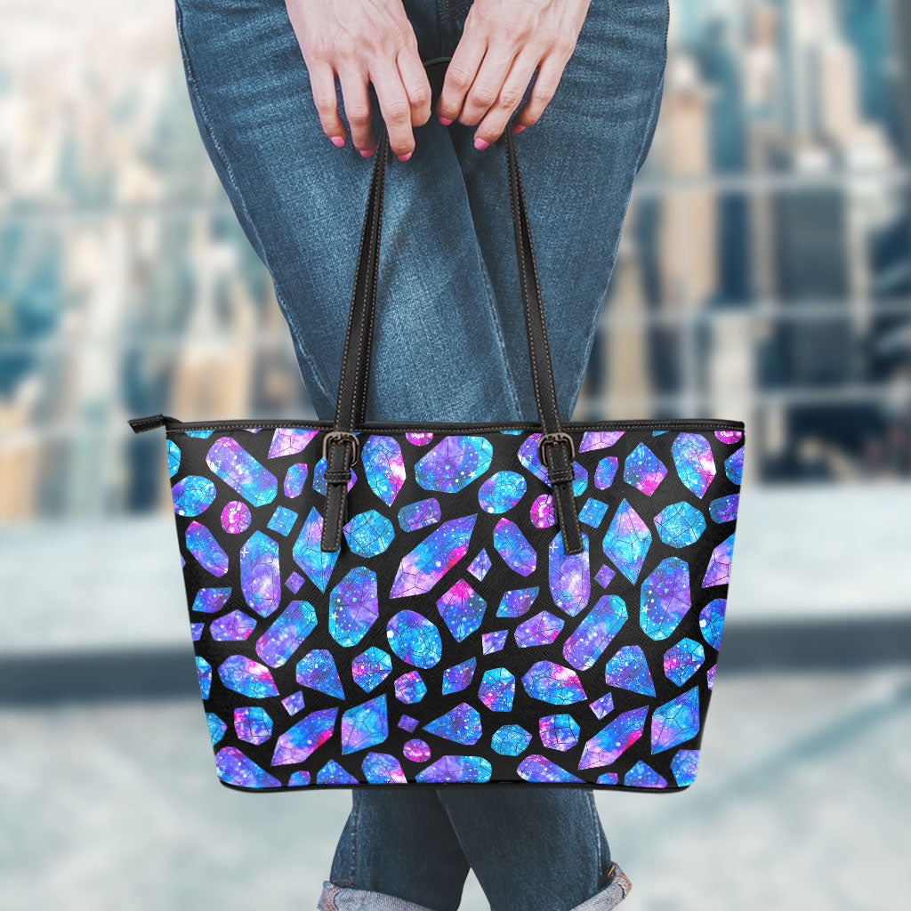 Blue Crystal Cosmic Galaxy Space Print Leather Tote Bag
