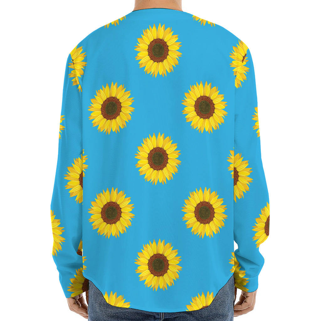 Blue Cute Sunflower Pattern Print Long Sleeve Baseball Jersey