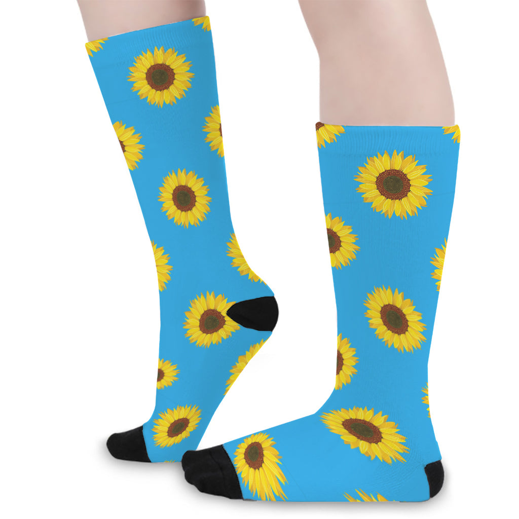 Blue Cute Sunflower Pattern Print Long Socks