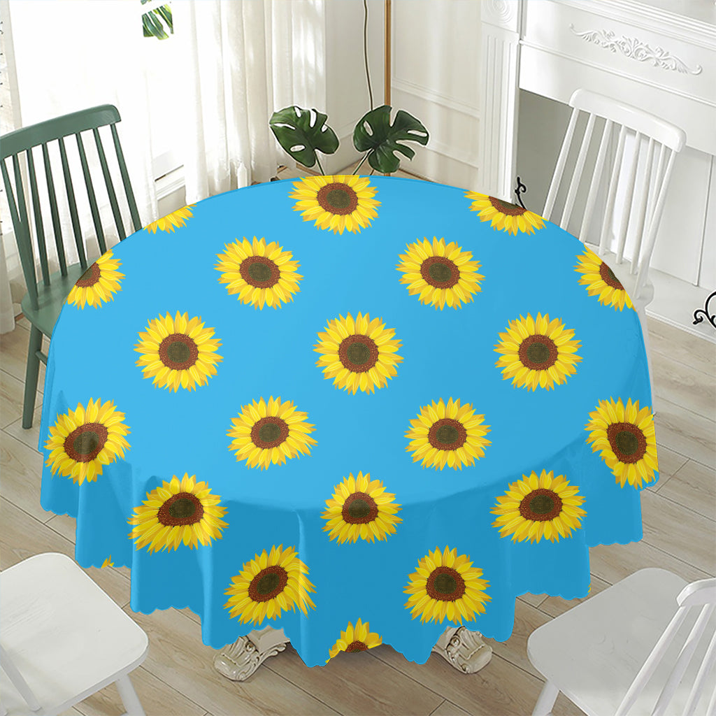 Blue Cute Sunflower Pattern Print Waterproof Round Tablecloth
