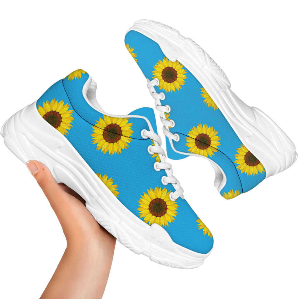 Blue Cute Sunflower Pattern Print White Chunky Shoes