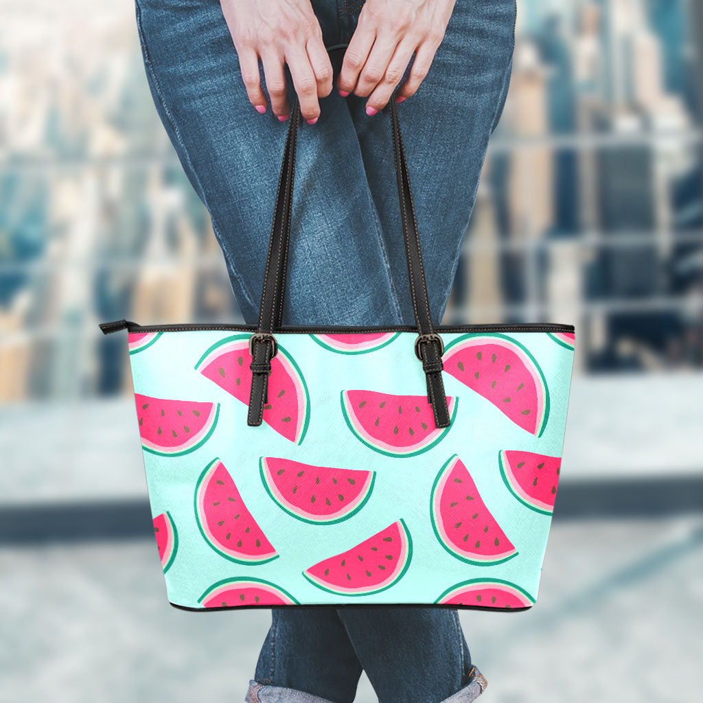 Blue Cute Watermelon Pattern Print Leather Tote Bag