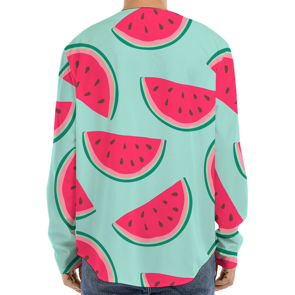 Blue Cute Watermelon Pattern Print Long Sleeve Baseball Jersey