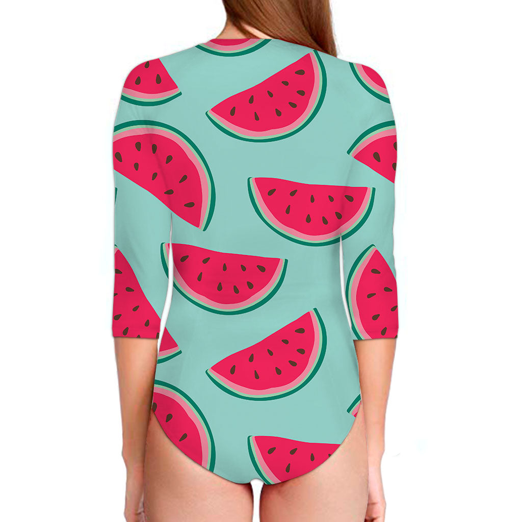 Blue Cute Watermelon Pattern Print Long Sleeve Swimsuit
