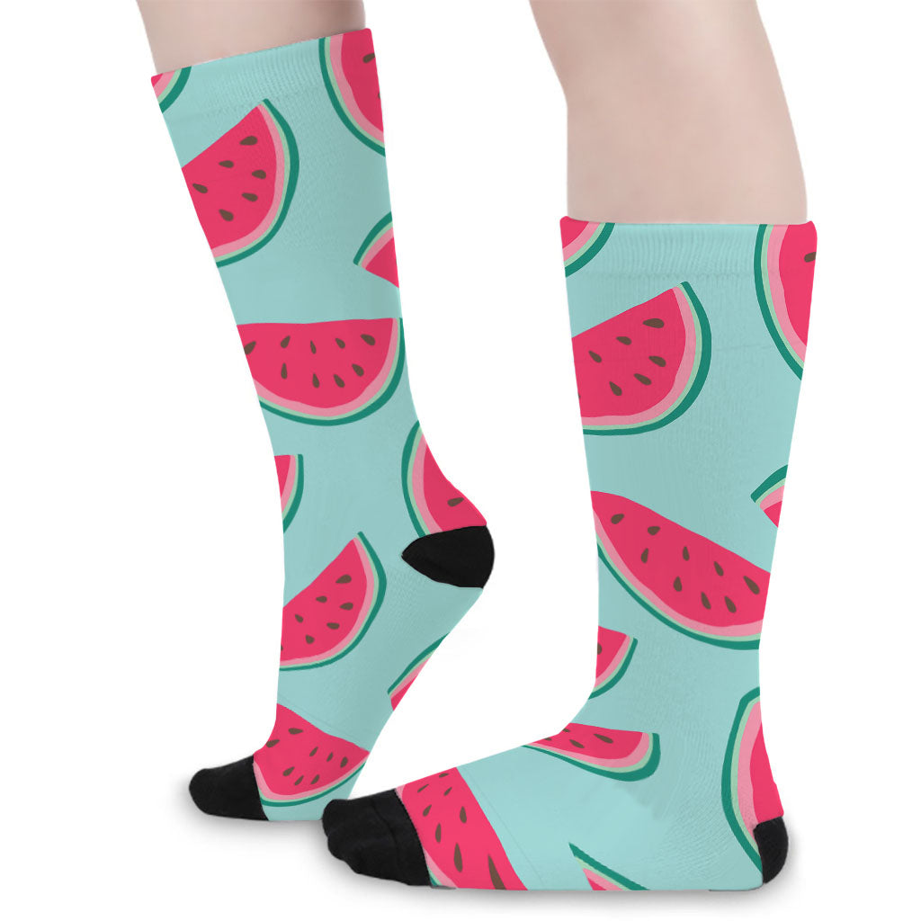 Blue Cute Watermelon Pattern Print Long Socks