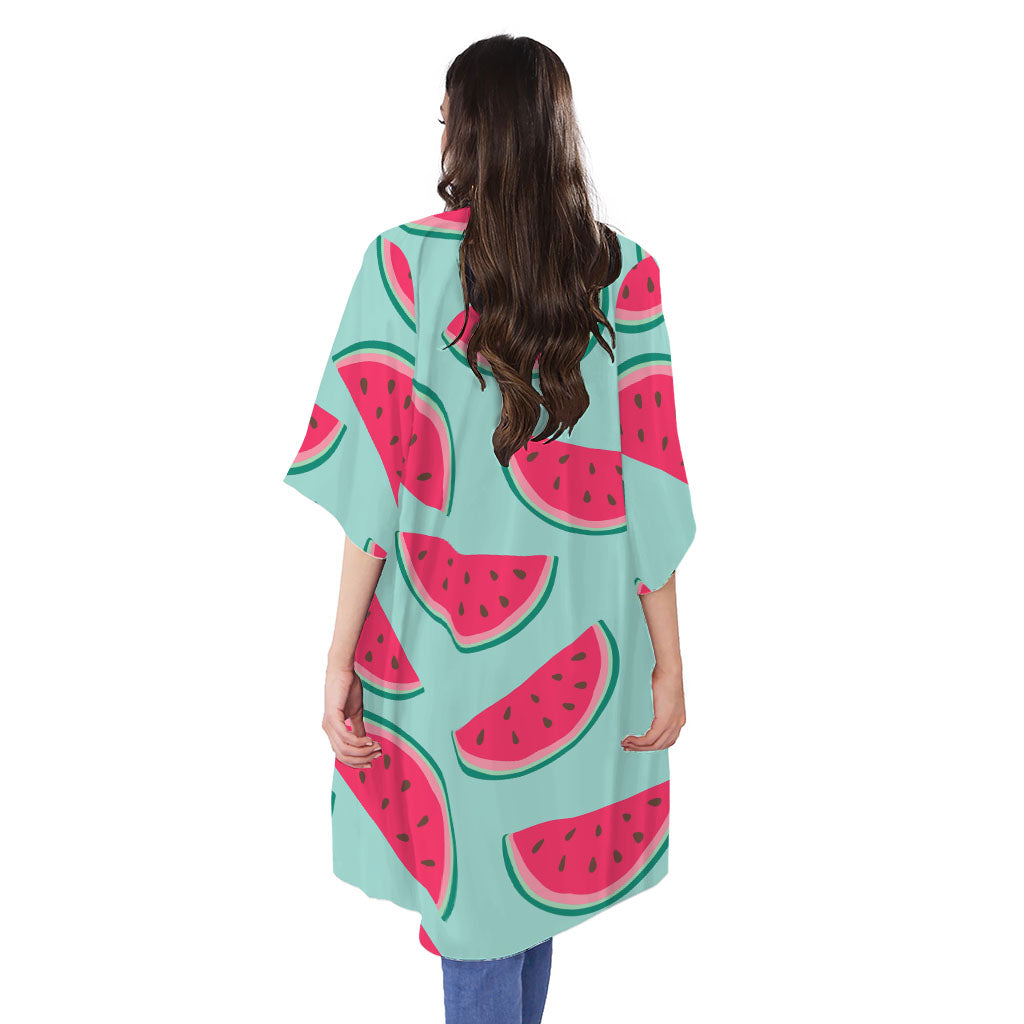 Blue Cute Watermelon Pattern Print Open Front Beach Cover Up