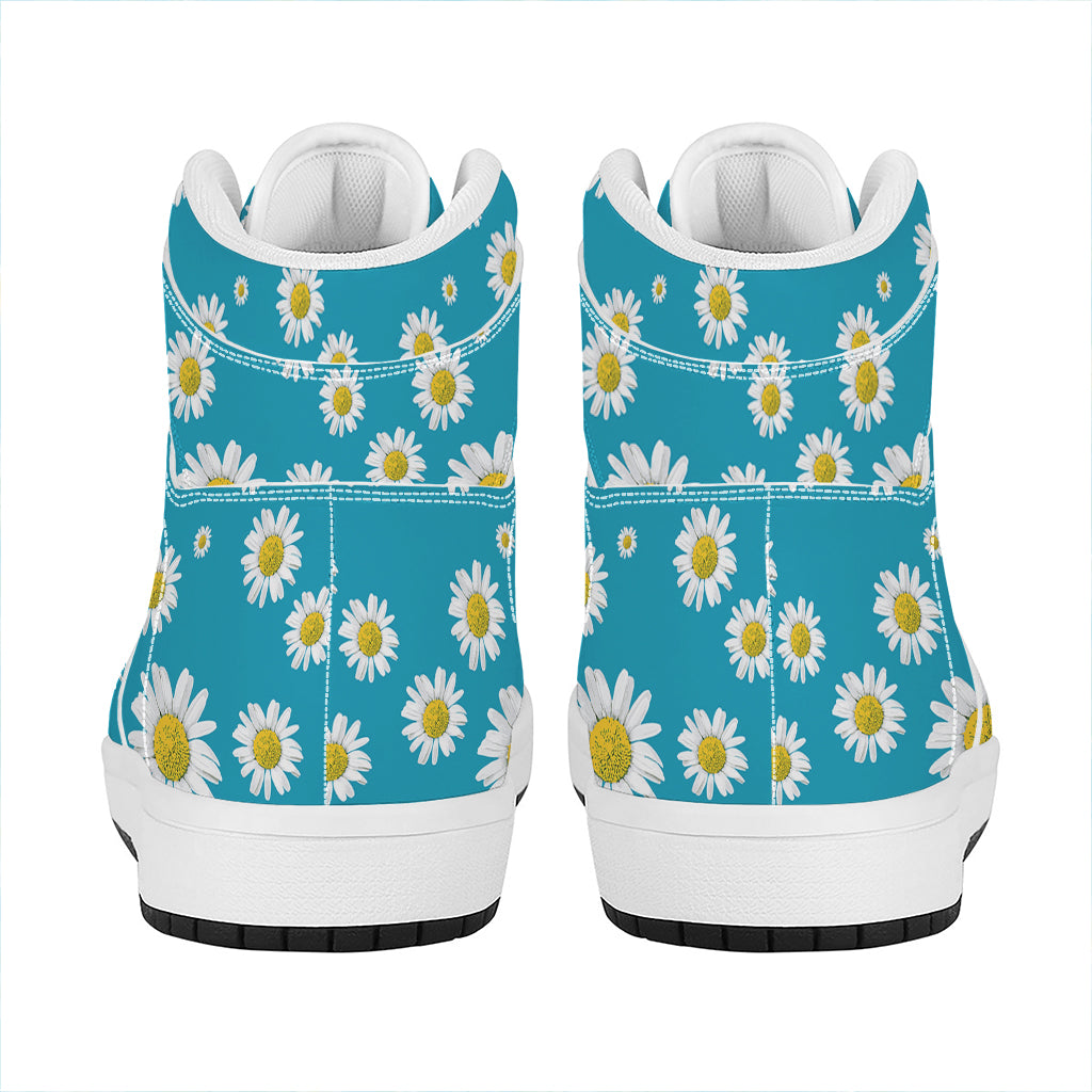 Blue Daisy Flower Pattern Print High Top Leather Sneakers